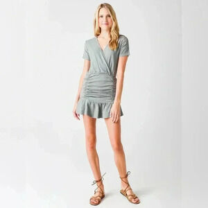 MONROW Woven Ruched Olive Green Linen Blend Mini Dress Size LG Women's